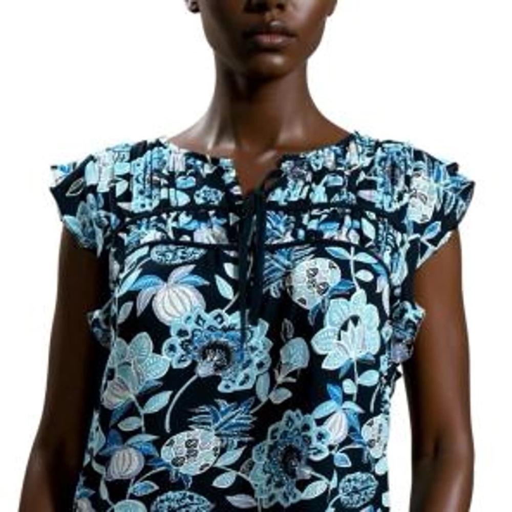 Loft White blue short sleeve floral blouse front ties size small
